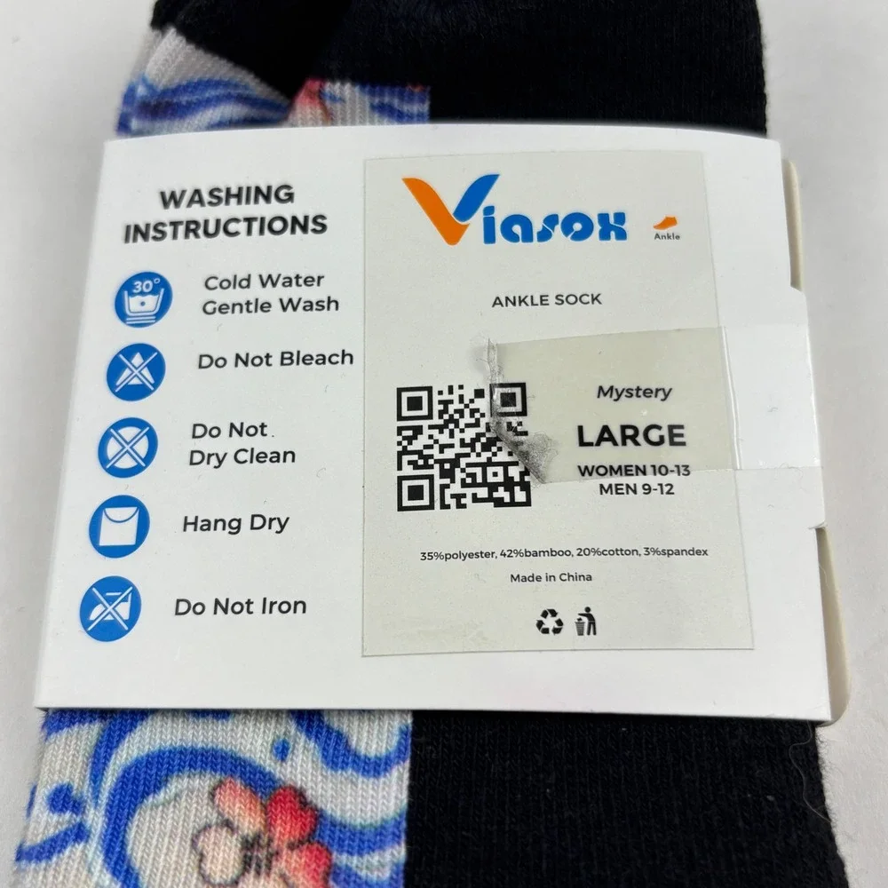 Viasox Diabetic Ankle Socks Unisex Large Black Blue Floral NWT Mystery Pattern